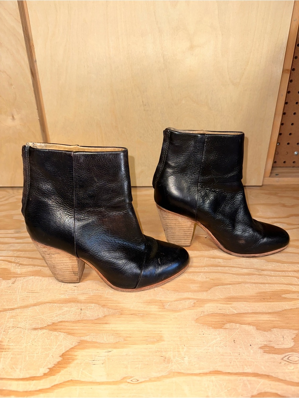 rag & bone Black Leather Ankle Booties with Stacked Heel
